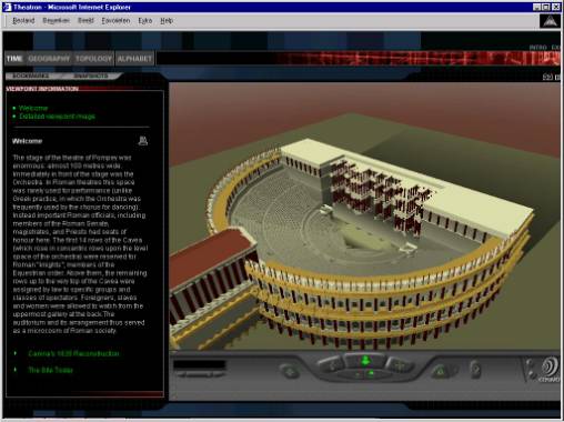 THEATRON interface with the model of the theatre of Pompey, Rome. On the left-hand side is the window displaying the information for this particular viewpoint