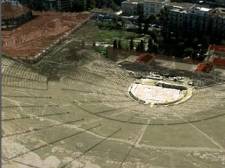 Sequence showing how the virtual model of the Dionysos theatre is projected over the present site. 